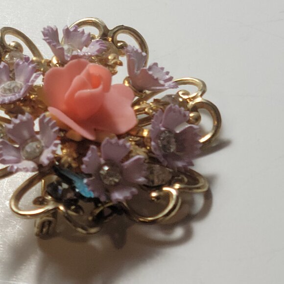 Antique Brooch Christian Peach Rose and a Cross says Protect us - Picture 3 of 9